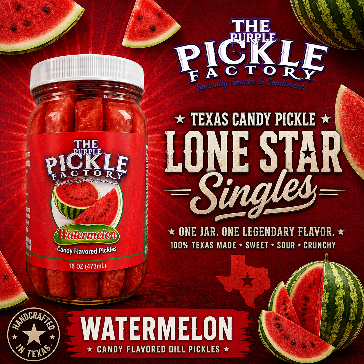 🍉 Texas Candy Pickle Classic™

Watermelon

A Taste of Texas Summer in Every Bite.