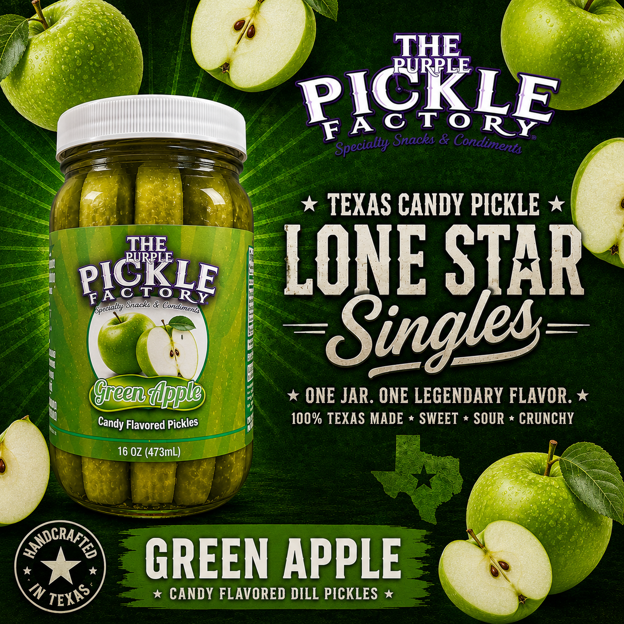 🍏 Texas Candy Pickle Classic™

Green Apple

Crisp. Sweet. Unmistakably Texas.